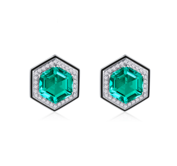 3.27ct & 3.27ct Hexagonal Cut Lab-Grown Emerald Earrings